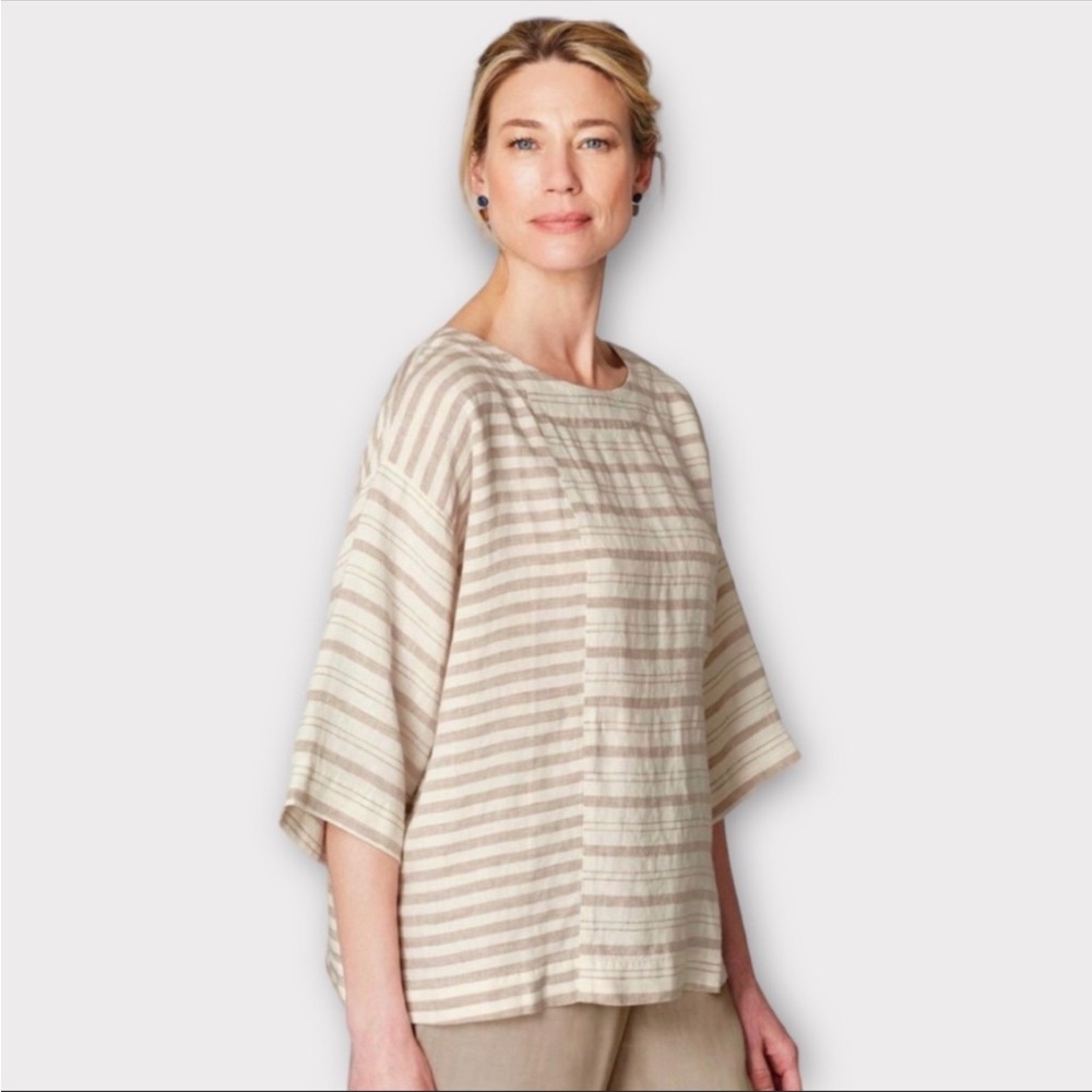 J Jill Linen Boxy Linen Top Natural/White Stripes M